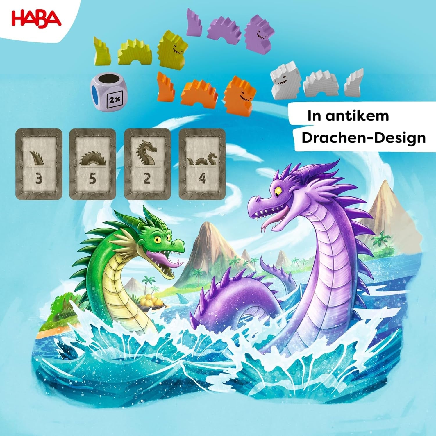 HABA Dragoni de Apă – Joc de zaruri și strategie pentru copii de la 5 ani în sus – Joc de societate captivant cu dragoni și figurine din lemn – Joc de familie pentru 2-4 jucători – 1307133001