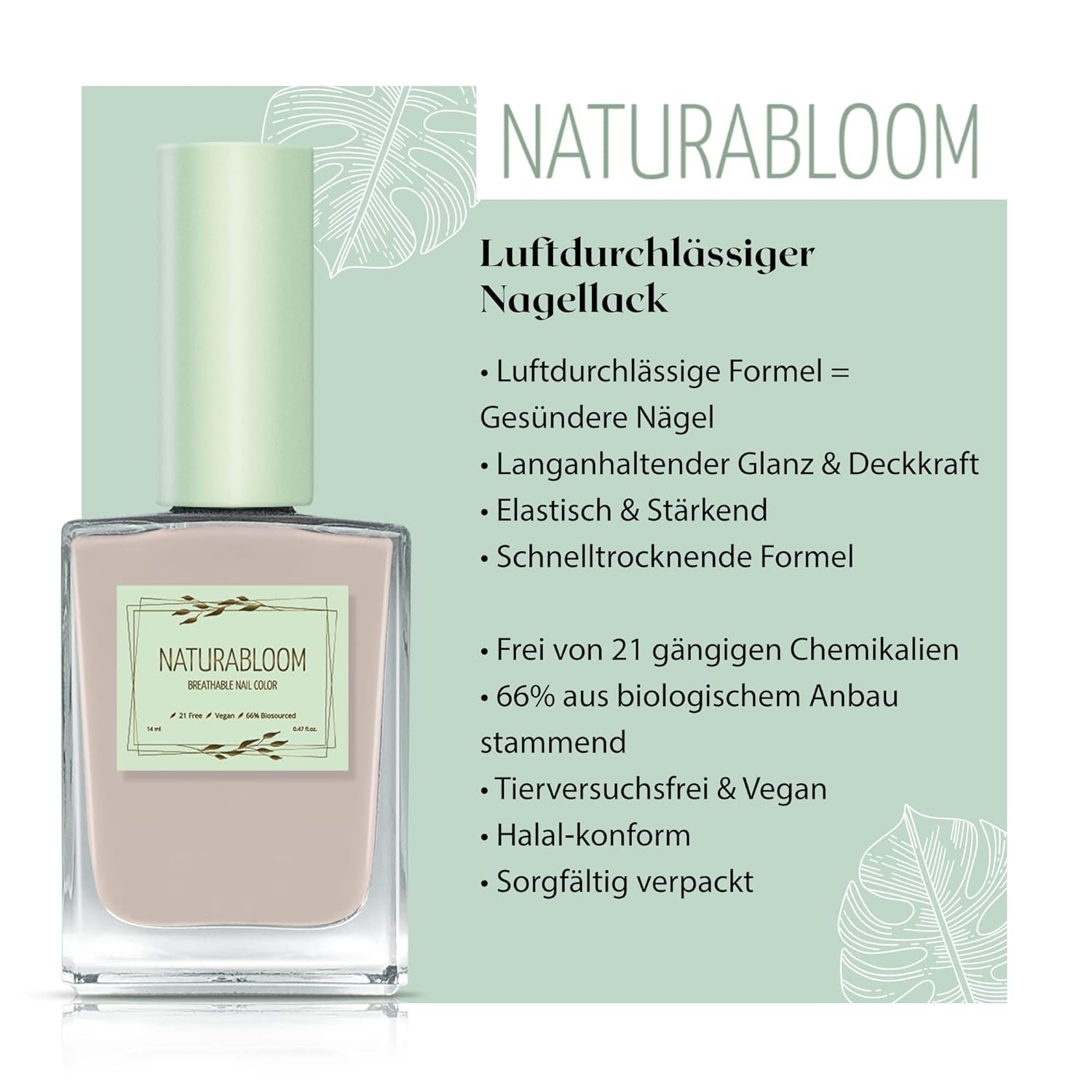 Gyorsan száradó bézs körömlakk (Moon Dust) - természetes körömlakk vegán formulával - légáteresztő, fenntartható és hosszan tartó, 14 ml