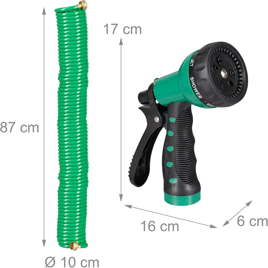 Furtun spiralat Relaxdays, extensibil până la 20 m, furtun flexibil de grădină cu pulverizator de apă, 7 modele de pulverizare, verde
