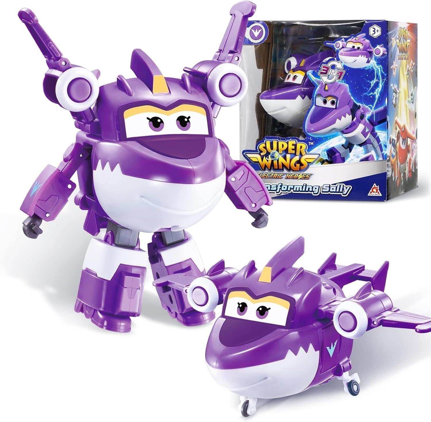 Super Wings Transformation Plane Supercharged Traver, kb. 12,7 cm-es nagy gyerekjáték figura, repülőgép és robot figura fiúknak és lányoknak 3 éves kor felett ezüst akciófigurák Naty Shop Sally