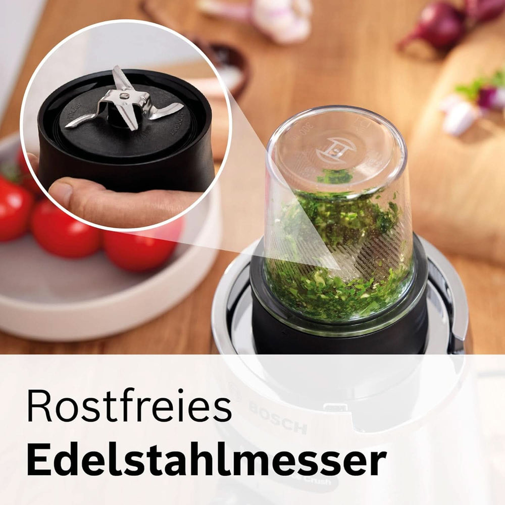 Bosch Standmixer Vitapower Serie 4 MMB6177S, Edelstahl-Klingen Made in Germany, 1,5L Thermosafe Glasbehälter, 0,6L To-Go-Flasche, Stopfer, Universalzerkleinerer, 30 000 E/perc, 1200 W, Shop Silver Kitchen Naty