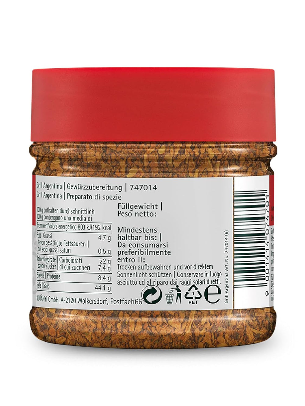Kotanyi Gourmet Grill-Argentina Gewürzzubereitung, Paprika, Pfeffer, Koriander und Mehr, Fruchtig-fűszeres, 400ccm, 285 g