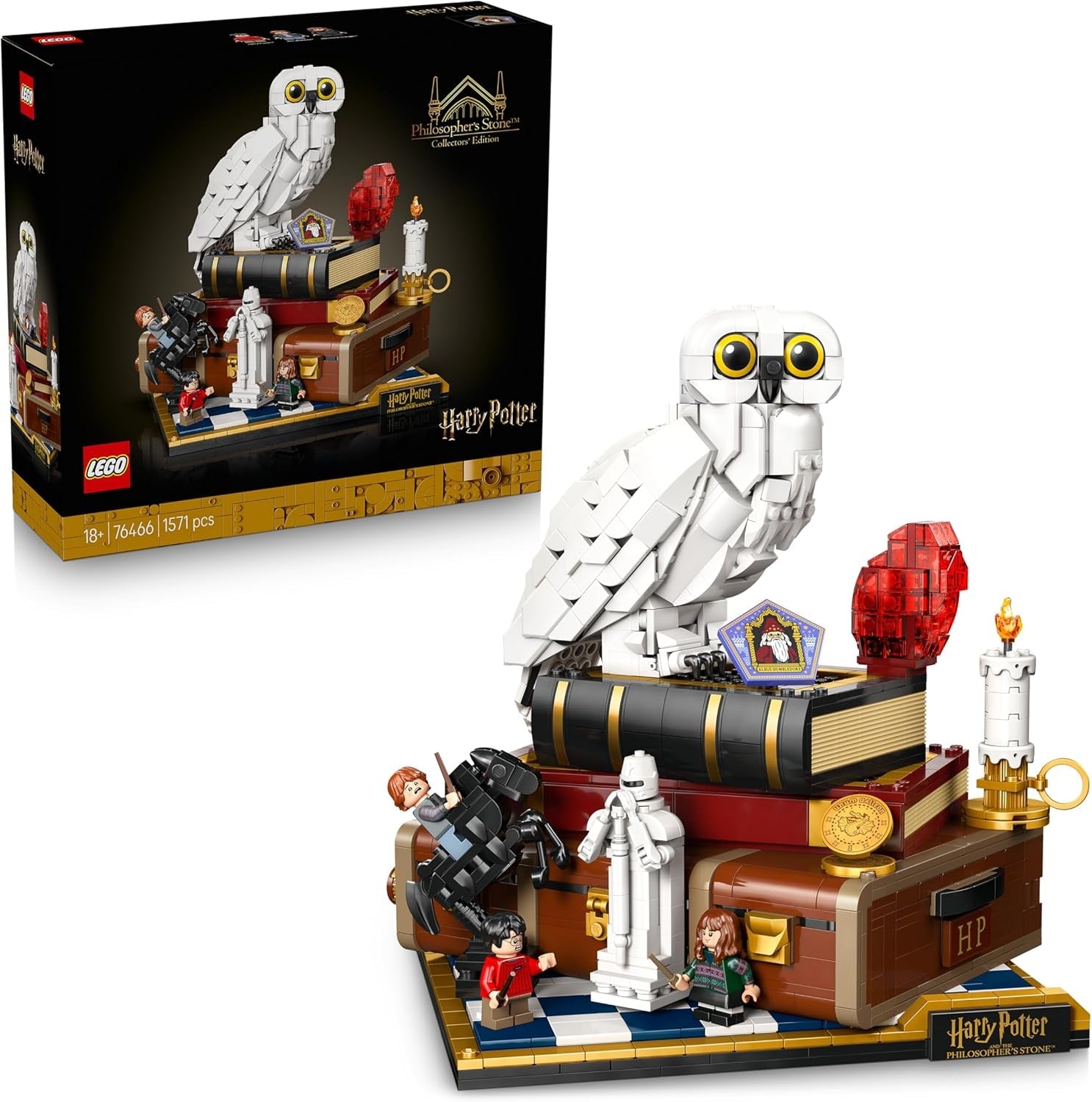 LEGO Harry Potter Stein der Weisen - Sammleredition - DIY Deko - Modellbau mit Miniatur Filmszenen - Hedwig Eulenfigur, 3 Minifiguren - Geschenk zum Vatertag - 76466