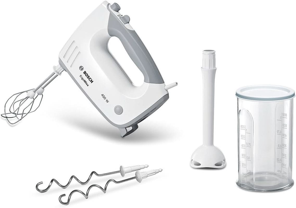 Bosch Hausgeräte Handrührer Ergomixx MFQ36440, 2 Rührbesen, 2 Edelstahl-Knethaken, Pürierstab, Becher, Spülmaschinengeeignet, 5 Stufen plus Turbostufe, 450 W, Weiß Bucatarie Naty Shop