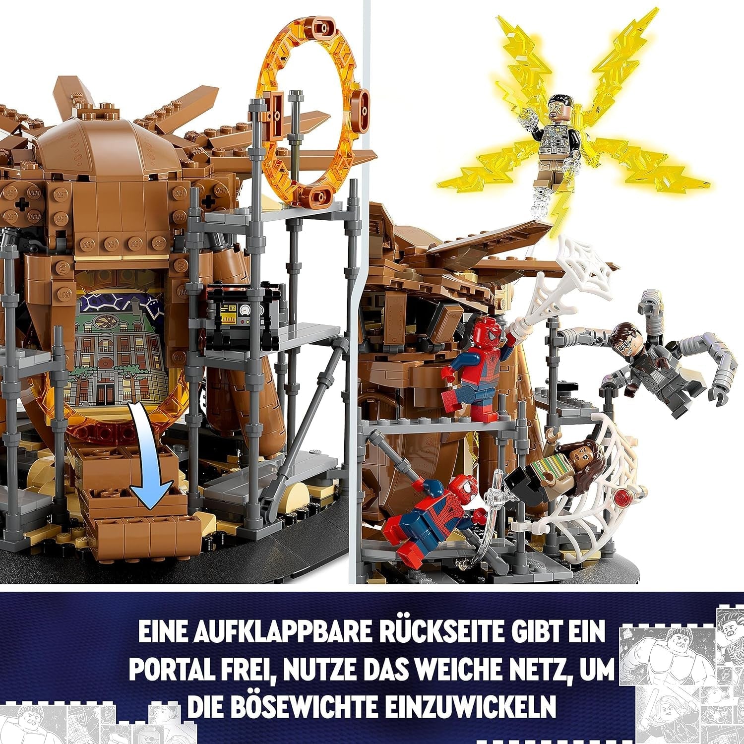 LEGO 76261 Marvel Spider-Man's Big Showdown, Spider-Man: No Way Home készlet 3 minifigurával, Peter Parkerrel, valamint Green Goblinnal, Electroval, Sandmannel, Neddel, Doctor Strange-gel és MJ-vel, gyűjthető modell Építőkészletek Besuche den LEGO-Store