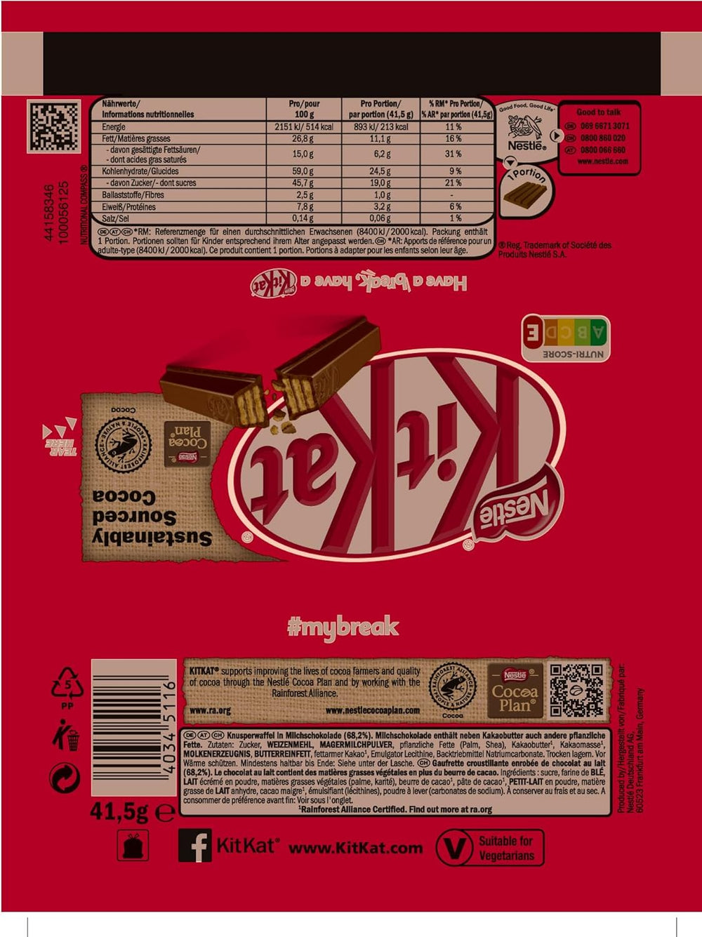 Nestlé klasszikus csokoládészeletek, tejcsokoládé ropogós ostyaszeletek, 48 darabos (24 x 41,5 g) csomag