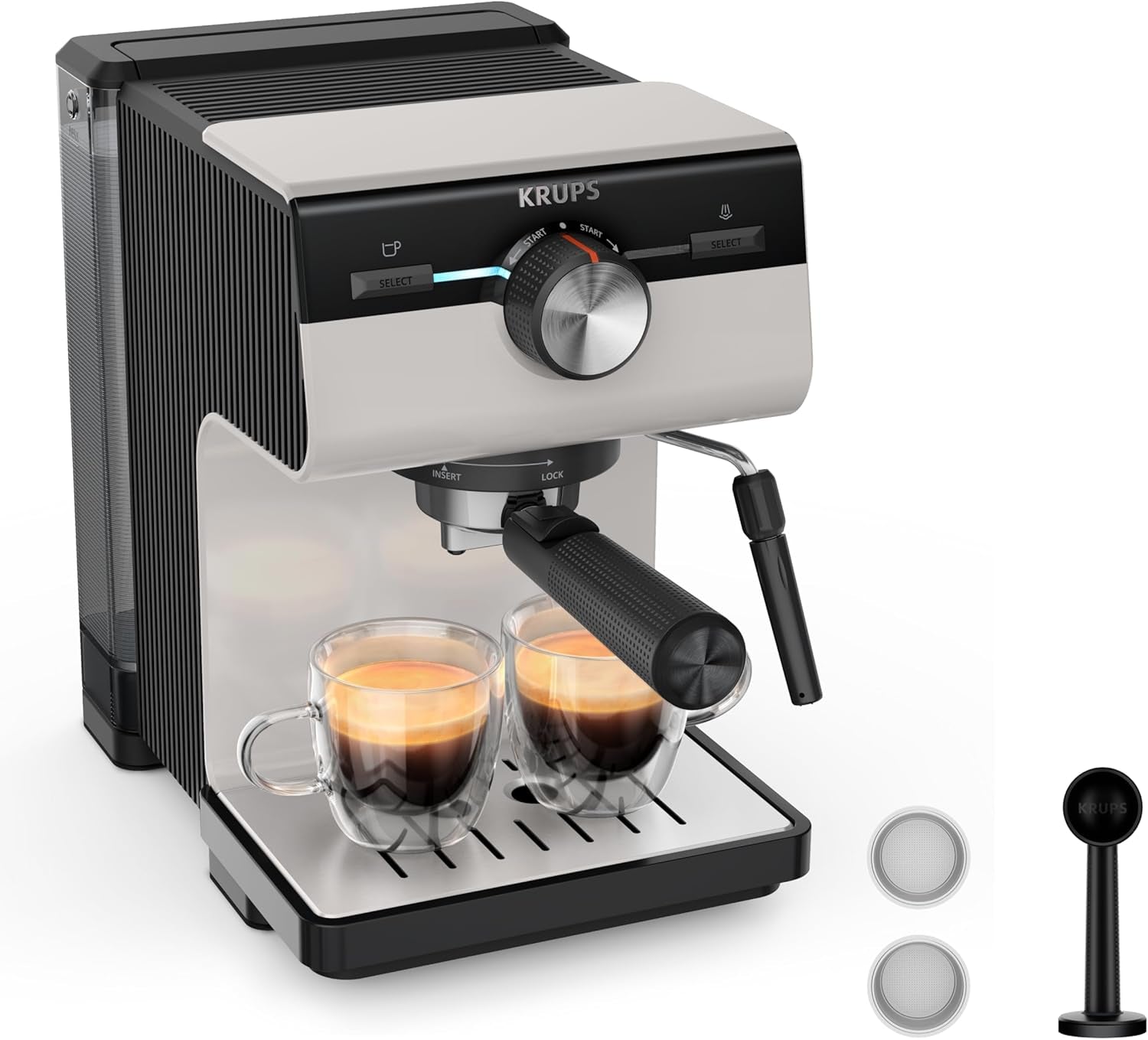 Espressor KRUPS Authentic+, 15 bari, operare intuitivă, design sofisticat, duză de abur, inclusiv accesorii extinse, Bullet Argintiu închis/Oțel inoxidabil, XP384G10