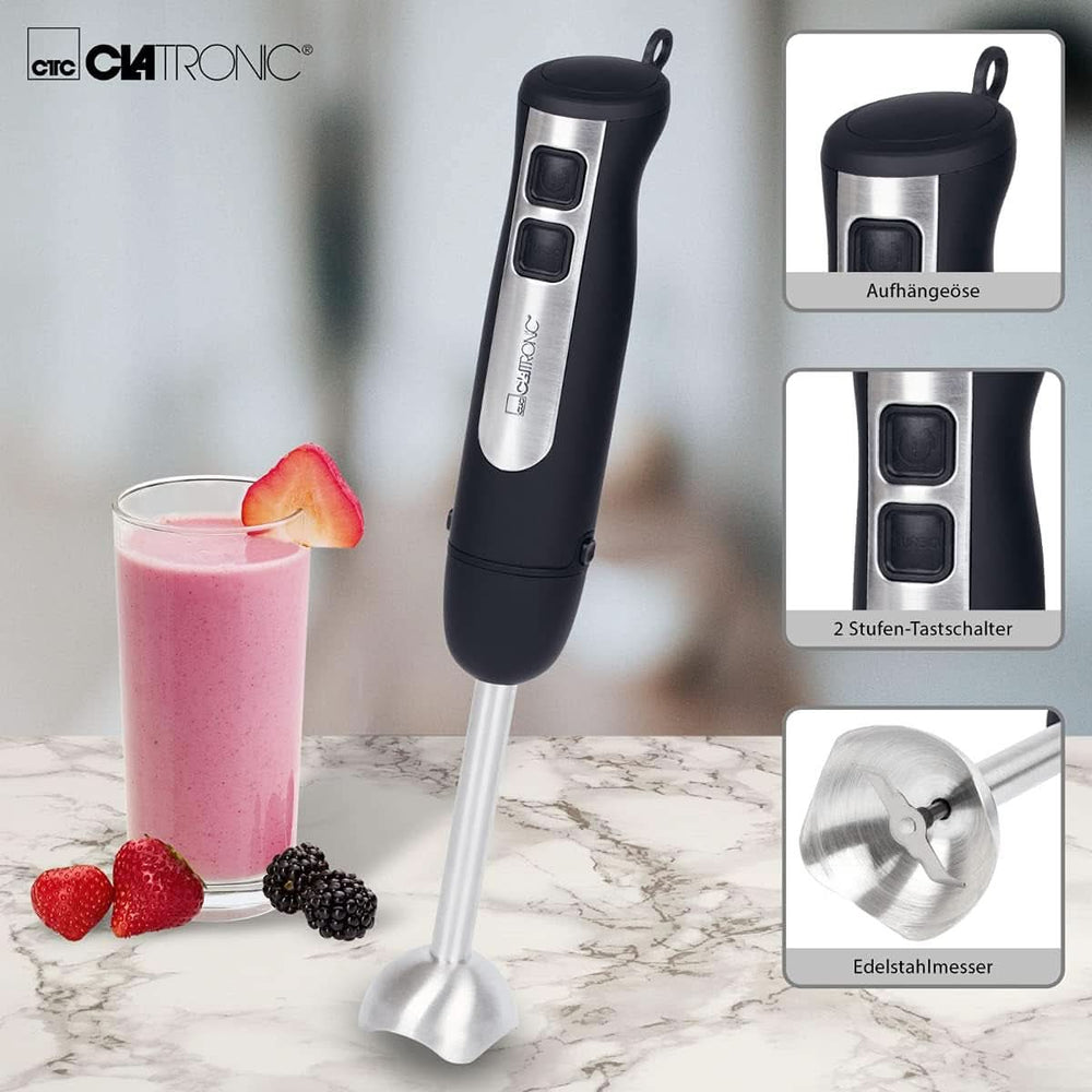 Clatronic Stabmixer SM 3739 Pürierstab, Handmixer, Mixer Für Smoothie, Shakes, 2 Stufen-Schalter, Multizerkleinerer, Edelstahl-Stab Und Messer, Aufhängeöse, 800 Watt Motor, Schwarz-Edellstahl Mother és Child Stahl Mother