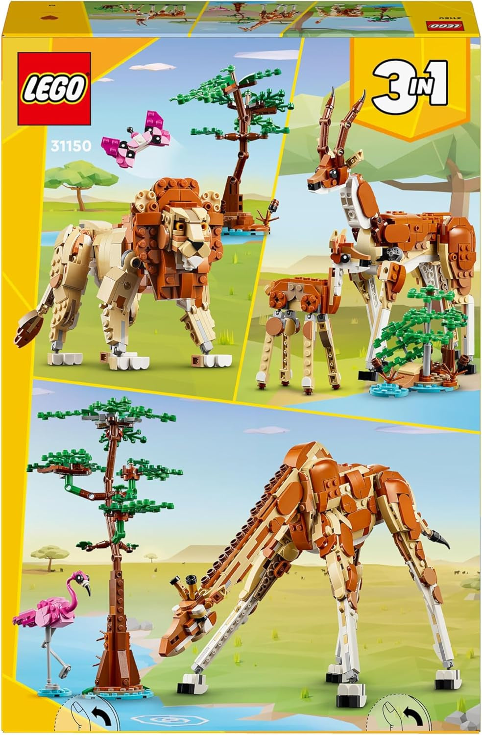 LEGO Creator 3 az 1-ben állatszafari, kreatív készlet állatfigurákkal, 3 építési lehetőség: játék zsiráf, gazella és oroszlán, játékállatok lányoknak és fiúknak, természetes ajándék 9 év feletti gyerekeknek 31150 Építőkészletek Beuche den LEGO-Store