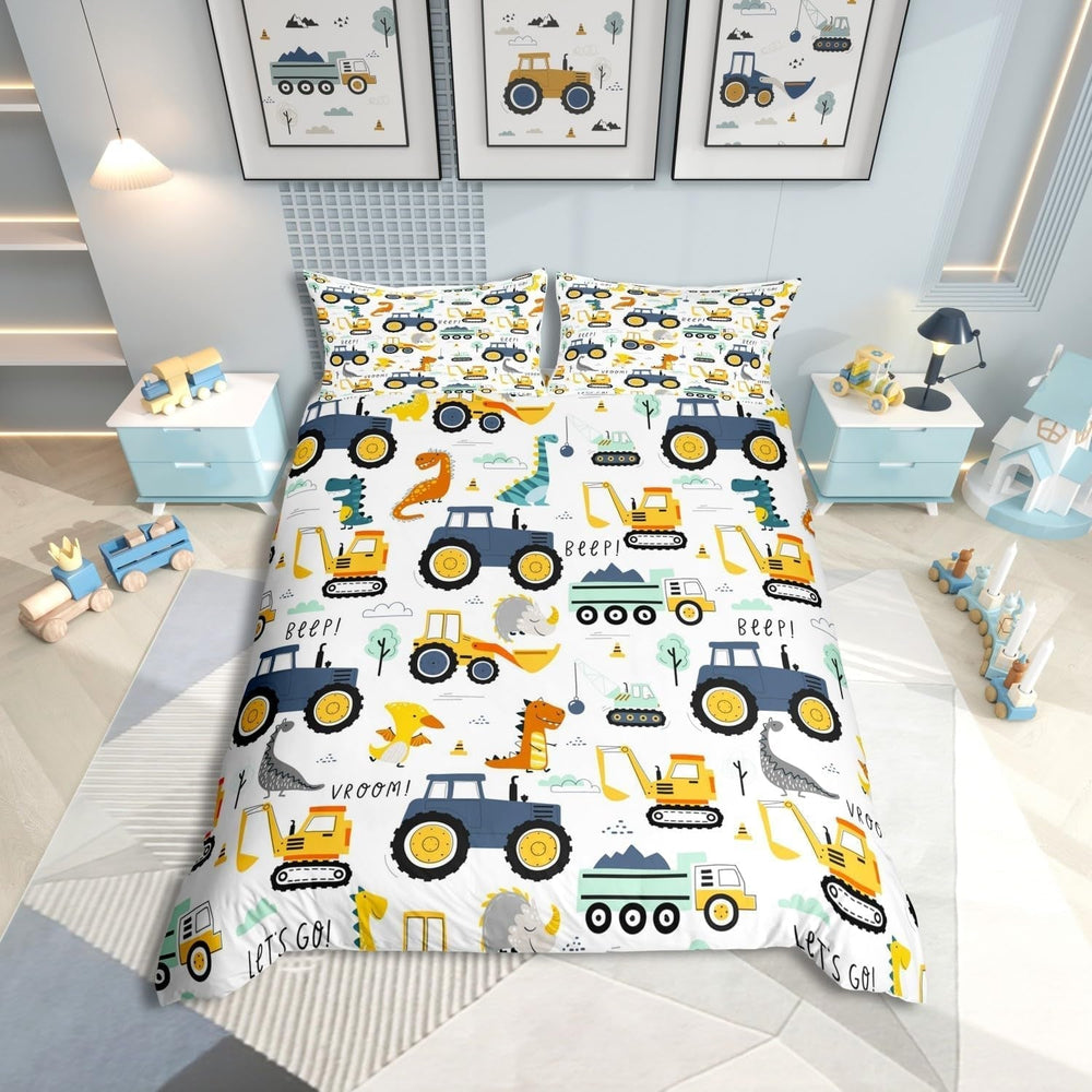 Jungen Cartoon Auto Bedtuchen Set 135X200,Kinder Bau Fahrzeuge Tröster Abdeckung Für Kind Kleinkind Teens,Dinosaurier Bettbezug,Traktor Maschinerie Bagger Bettdecke Abdeckung,Lkw Autos Bedtuchen Naty Shop Multi 18*250*18