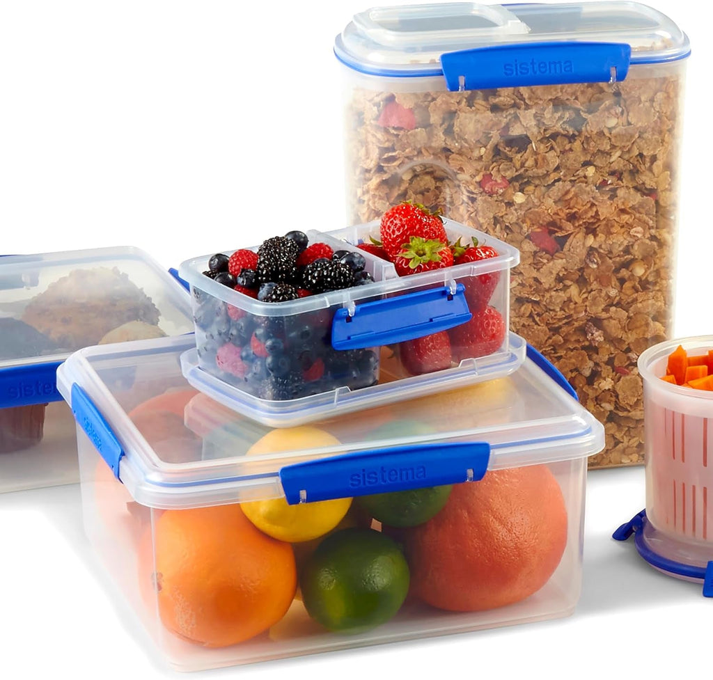 Borcan pentru depozitarea alimentelor Sistema KLIP IT | 9,67 l | borcan de depozitare stivuibil și etanș cu capac, potrivit pentru frigider/congelator | plastic fără BPA | clipsuri albastre | 1 bucată (pachet de 4) Cutii depozitare alimente Naty Shop