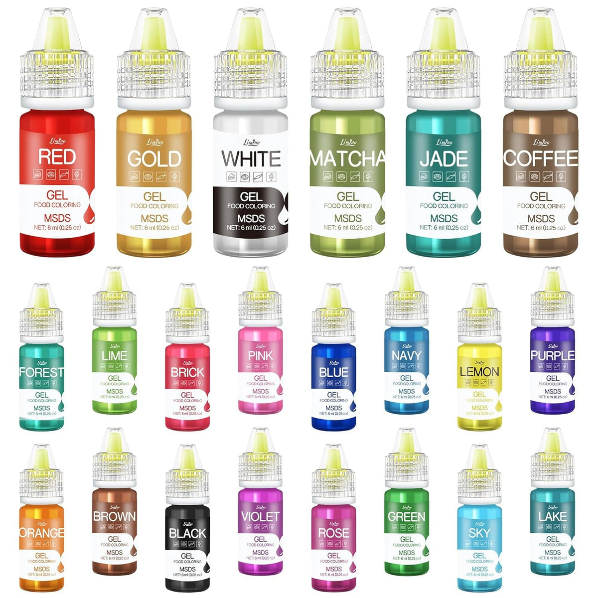 Colorant alimentar în gel - 22 de culori, coloranți alimentari în gel pentru prăjituri, copt, fursecuri, macaroane - Colorant alimentar concentrat fără zahăr pentru decorarea torturilor, băuturi, ouă de Paște, slime DIY - 6 ml fiecare
