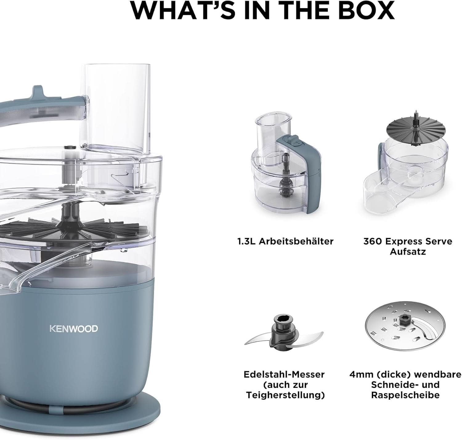 Kenwood Multipro Go FDP22.130GY, Kompakt-Küchenmaschine Nur 30Cm Hoch, Zum Schneiden, Reiben, Pürieren Und Teig Kneten, Express-Serve, 1,3 L Arbeitsbehälter, 650 W, Blau Mama si Copilul Naty Shop