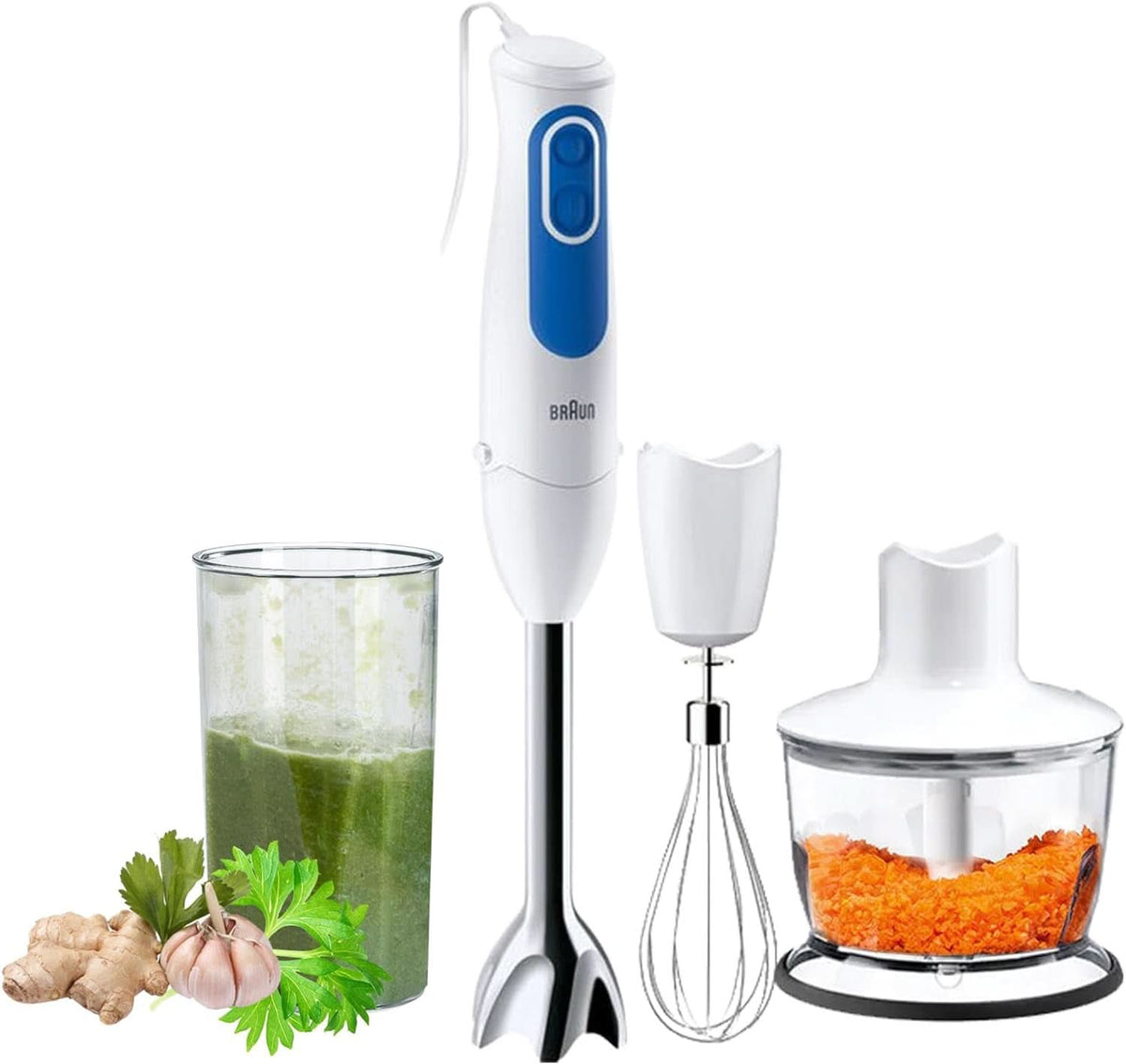 Braun Háztartási Stabmixer MQ 3035 WH - Multiquick 3 Pürierstab Mit Edelstahl-Mixfuß, 2 Geschwindigkeiten, Spritzschutz, Spülmaschinenfest, Zerkleinerer, Schneebesen & 600Ml Mix- Und Messbecher, Naty Shop, Naty Shop