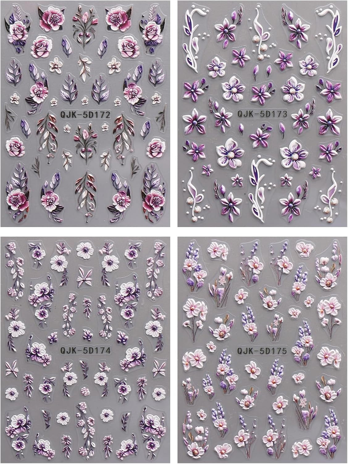 JMEOWIO 3D Nagelsticker Blumen Nail Art Sticker Selbstklebend Nagelaufkleber 5D Stereoskopisch Frühling Sommer Dekoration Nageldesign Zubehör 4 Blatt