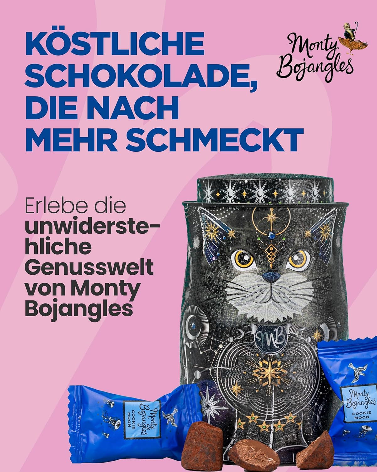 Monty Bojangles Savanna Gold csokoládé szarvasgomba (135 g) kakaóporos praliné ajándék szett egyedi macska design gyűjtődobozban, flutter skót ízben