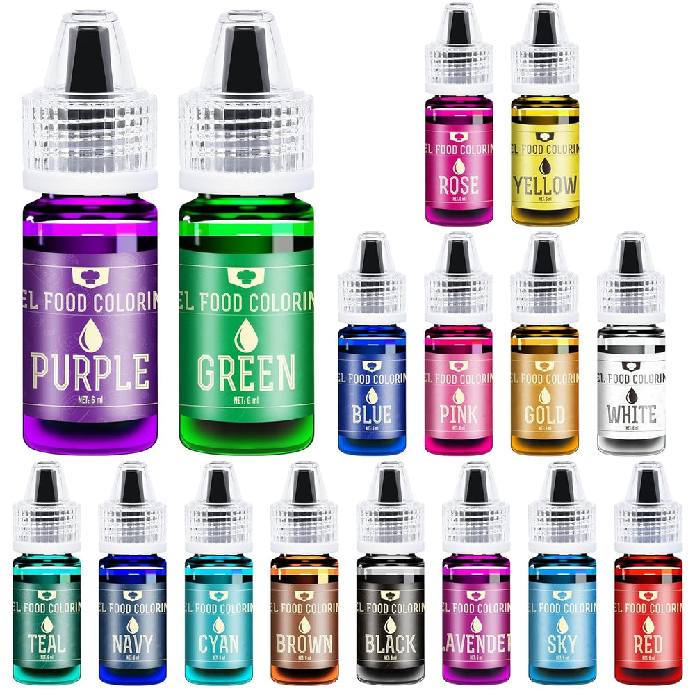Colorant alimentar cu gel - 16 coloranți alimentari vibranți pentru copt, decorarea torturilor, glazură, fursecuri, fondant și macaroane - Colorant alimentar cu gel pentru fabricarea săpunului și meșteșuguri - 6 ml fiecare