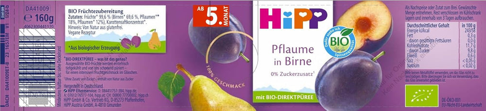 HiPP Bio szilva körte ízzel (6 x 160g), 5 hónapos kortól, hozzáadott cukor nélkül, különösen intenzív gyümölcsíz, a legjobb bio minőségben.