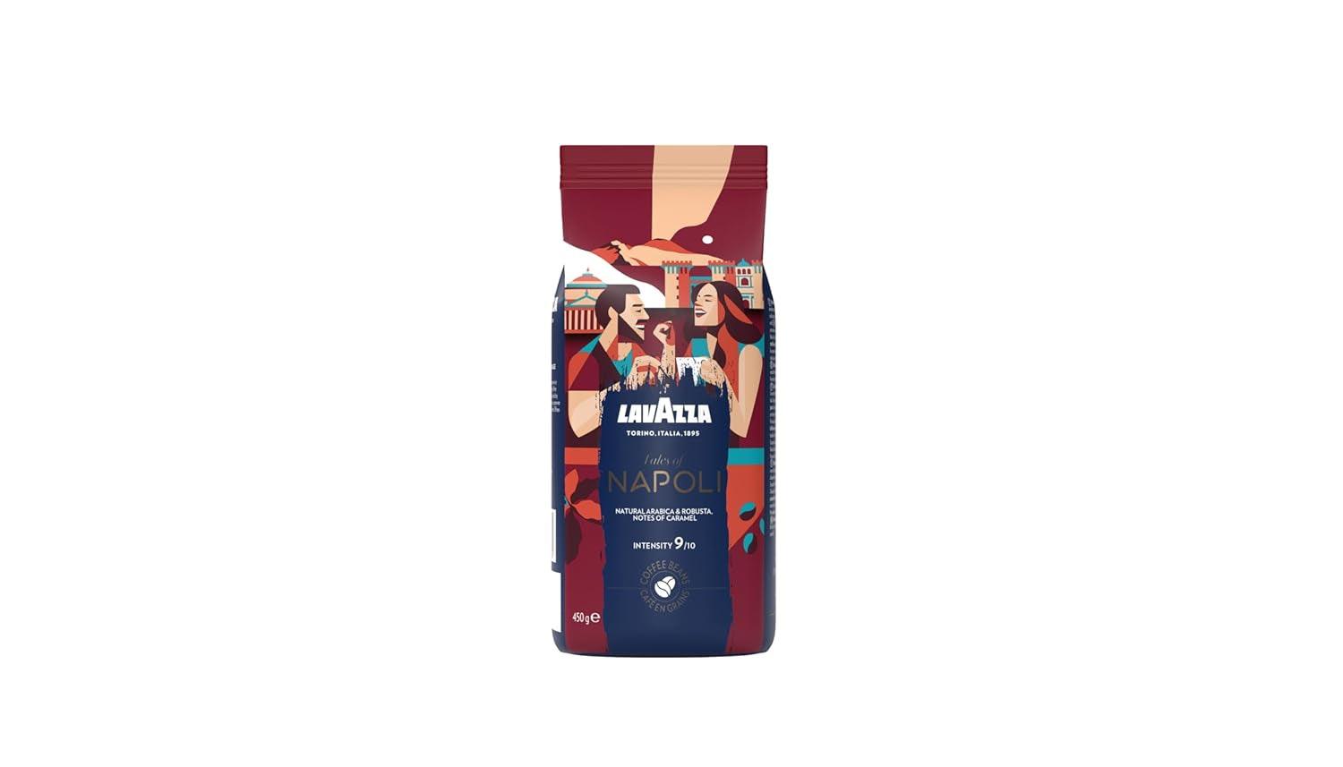 Lavazza, Tales of Napoli, boabe de cafea, ideale pentru espressoare, cu note aromatice de cacao și caramel, Arabica și Robusta, intensitate 9/10, prăjire intensă, 450 g