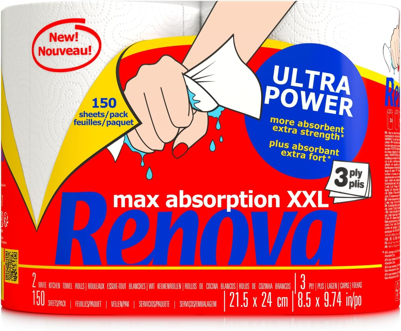 Rulouri de bucătărie Renova Renova Ultrapower | 24 rulouri XXL = 60 rulouri standard | 3 straturi ultra-absorbante și cu rezistență maximă | Hârtie certificată Fsc