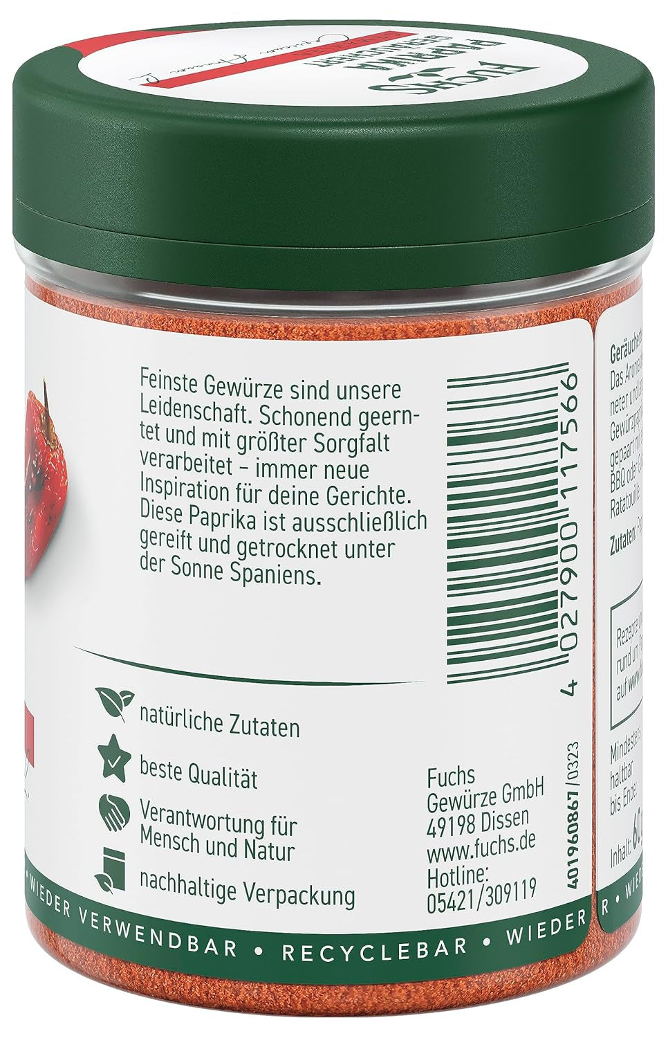 Fuchs Gewürze - Paprika geräuchert gemahlen - rauchiger Gesmack für BBQ, Gulasch oder Tofu - természetes összetevők - 60 g wiederverwendbarerben, recyclebarer Dózis