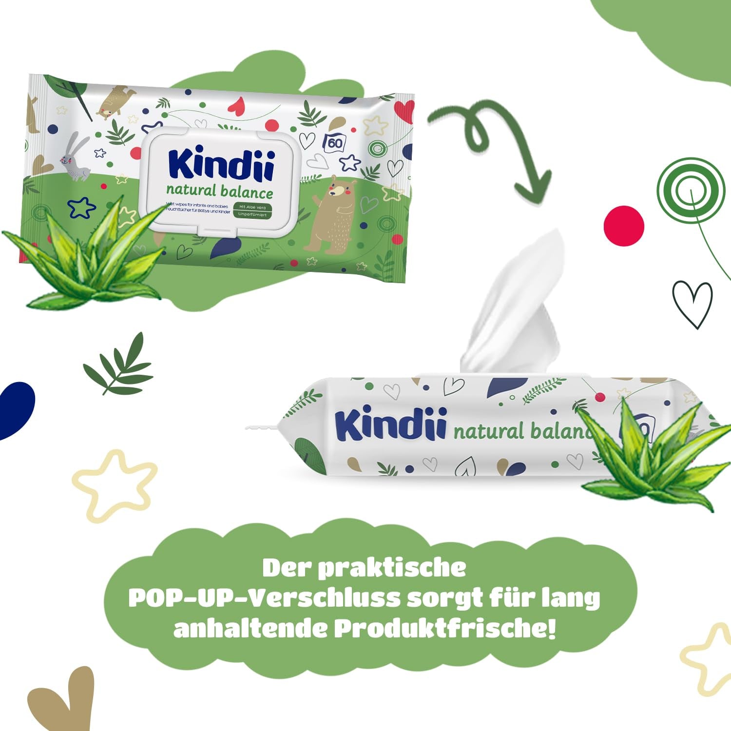 Kindii Natural Balance nedves törlőkendő babáknak – (1 x 60 db) Nedves törlőkendő babáknak és gyerekeknek – Protective, Aloe Vera, Finom illatú – 60 db.