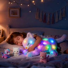 Pisică de pluș muzicală cu LED, jucărie cântătoare luminoasă, Mama Pisică cu 3 pisoi în burtă, cântec de leagăn animat, jucărie liniștitoare pentru mame, copii, fete mici, curcubeu, 45 cm