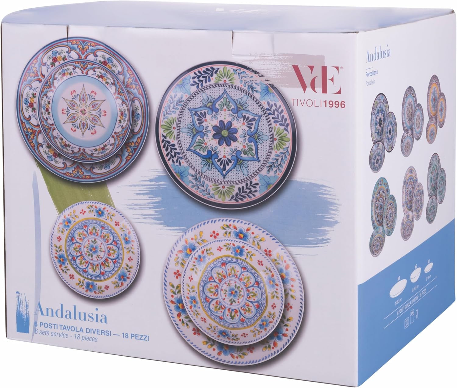 Serviciu de masă din porțelan cu 18 piese, 6 seturi diferite de farfurii, Andaluzia
