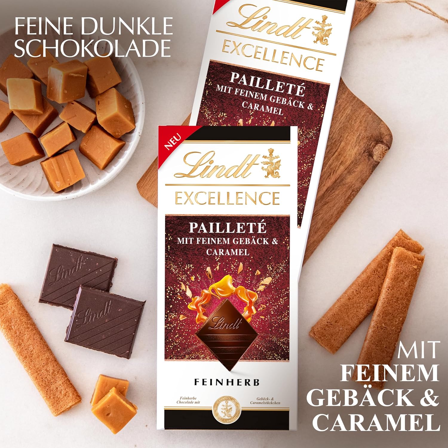 Lindt EXCELLENCE tésztadarabok flitterekkel és karamellel - Finom étcsokoládé intenzív kakaóízzel