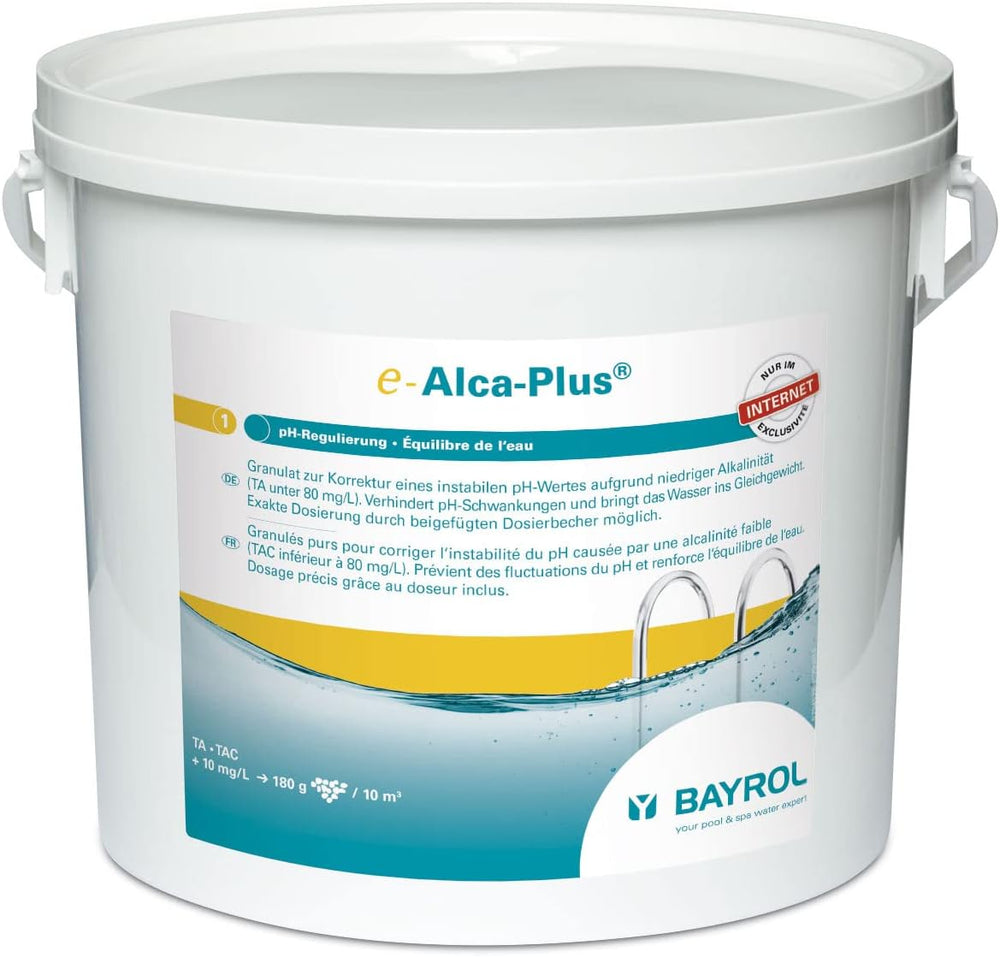 BAYROL e-Alca-Plus - Granulátum az alacsony lúgosság miatti instabil pH-szint korrigálására - A vödör tartalmaz egy mérőpoharat és egy műanyag zacskót biztonsági tömítéssel - 5 kg