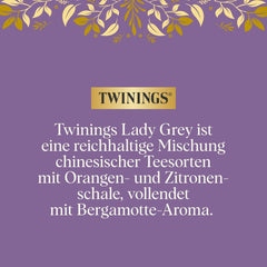 Ceai negru Twinings LADY GREY vrac în cutie de ceai – ceai negru, amestec de soiuri de ceai chinezesc cu coajă de portocală și lămâie, completat cu aromă de bergamotă (200 g)