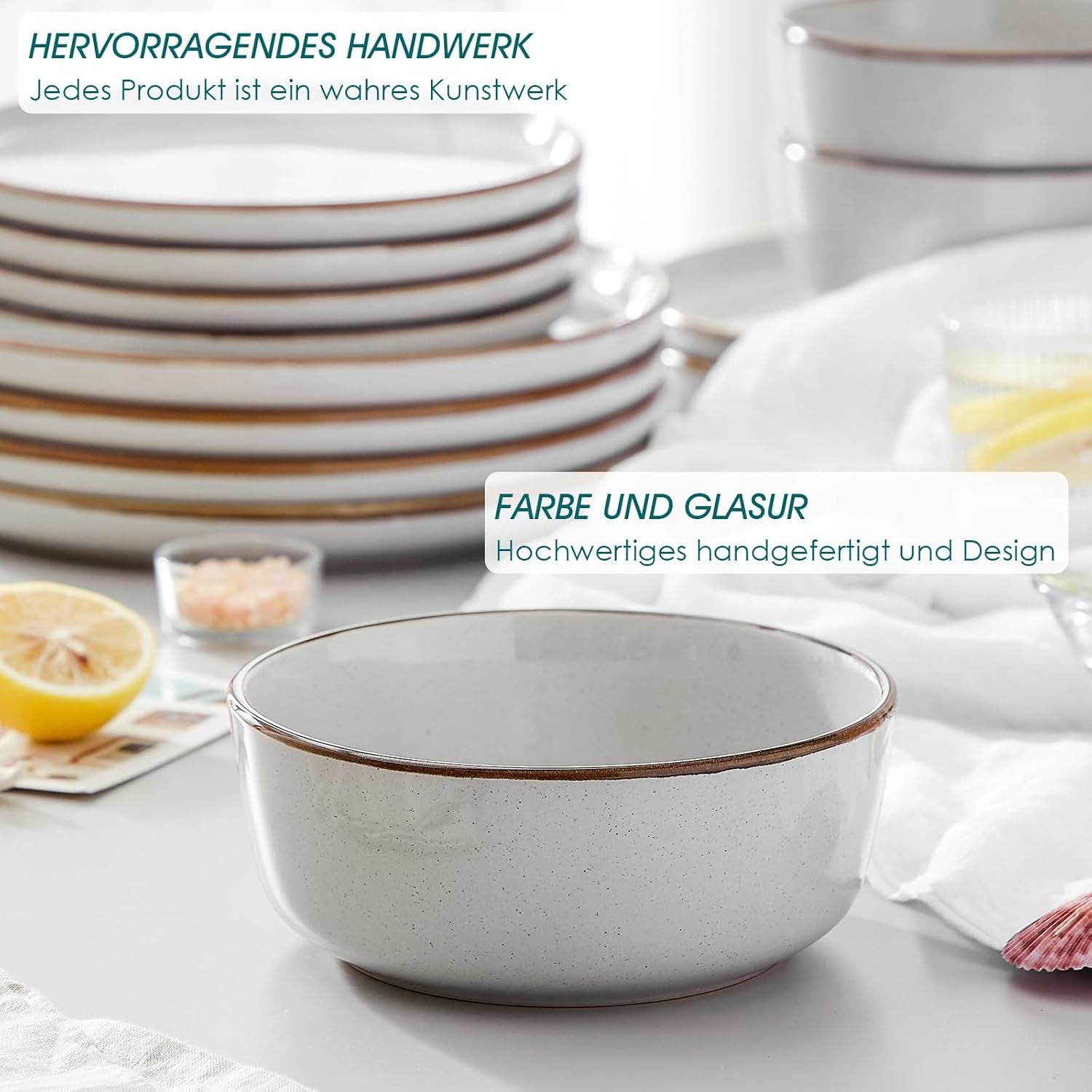 Set de veselă din gresie pentru 6 persoane, Vancasso LOIRE, serviciu de cină cu 18 piese pentru 6 persoane, gri modern, include bol, farfurie de desert și farfurie de cină, potrivit pentru cuptorul cu microunde și mașina de spălat vase