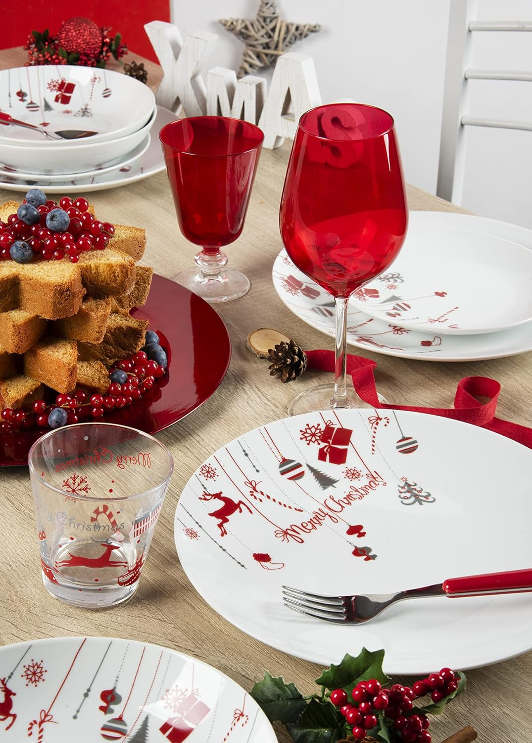 Merry Christmas Geschirr 18 Tlg. Set Weiß/Rot Seturi vesela masa Naty Shop