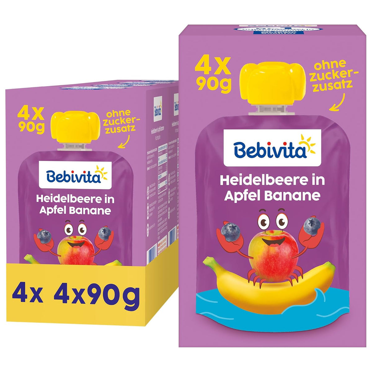 Áfonya, alma és banán kinyomható tasakok – 16 db (4 csomag, egyenként 4 x 90 g), hozzáadott cukor nélkül, gluténmentes, ideális elvitelre és útközbeni harapnivalókra