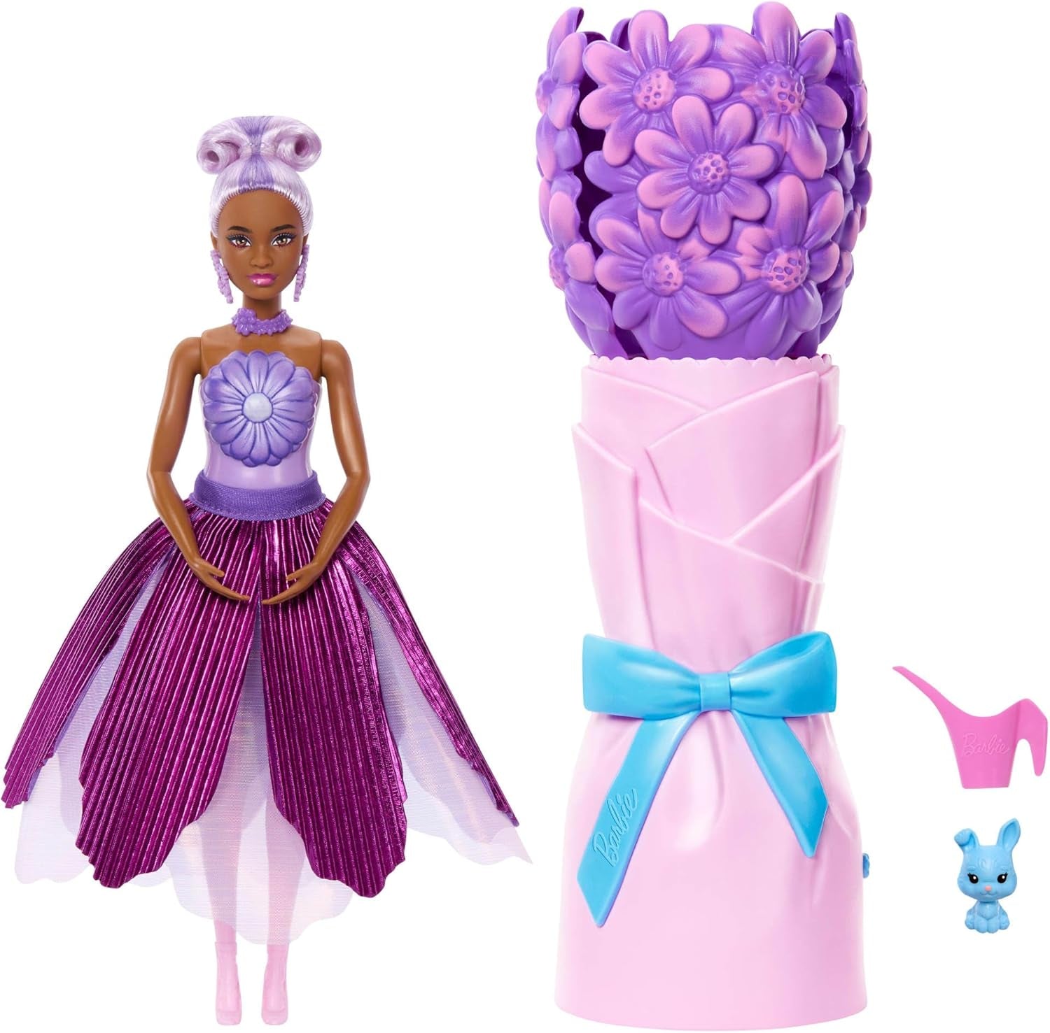 Barbie Petal Pop Duftende Puppe in rosa Tulpenkleid mit Zubehörteilen, Blumenstrauß-Überraschung mit Häschen und Überraschungen wie Einer Gießkanne, Halskette und Ohrringen, JMF57
