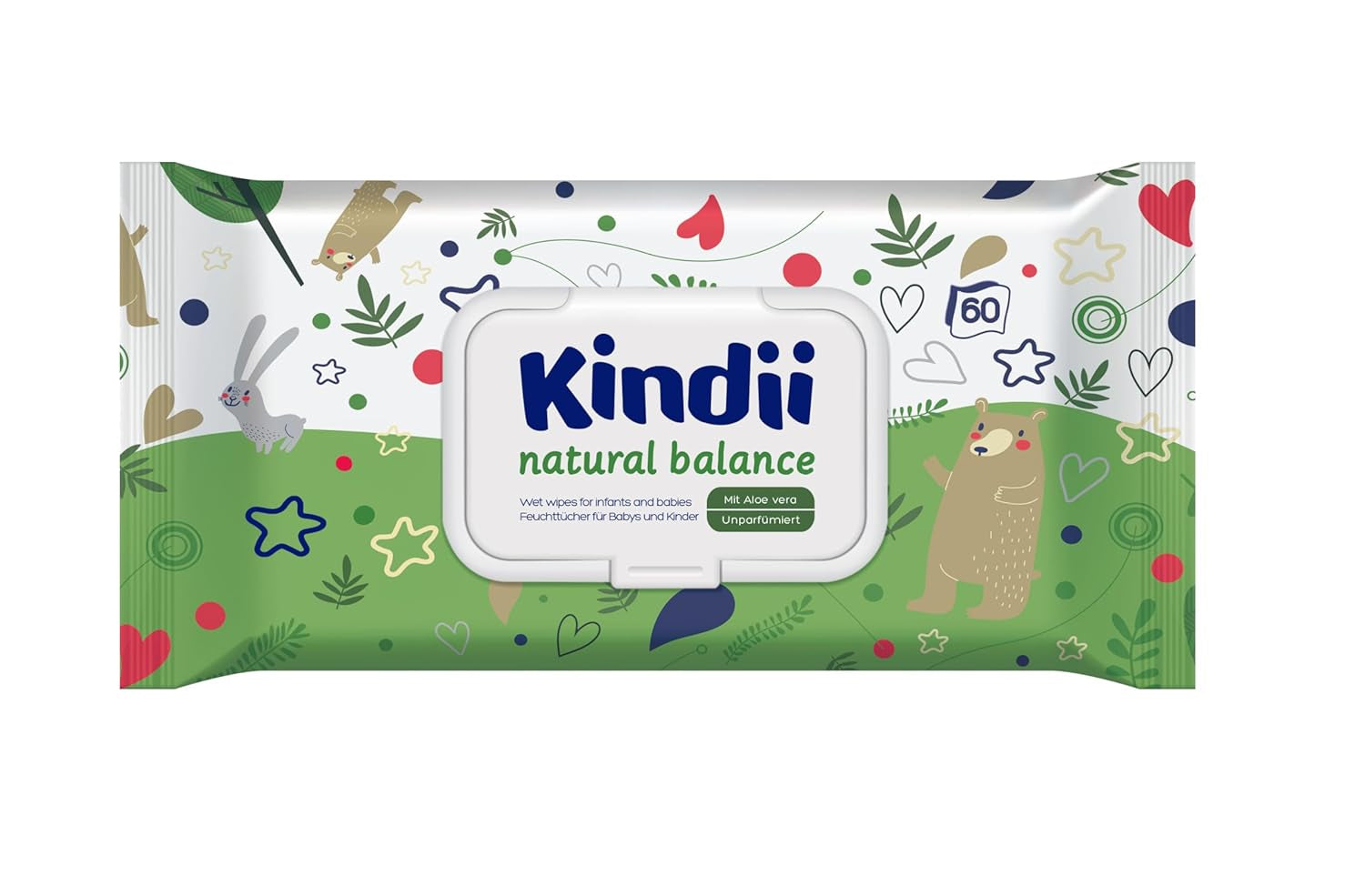 Kindii Natural Balance nedves törlőkendő babáknak – (1 x 60 db) Nedves törlőkendő babáknak és gyerekeknek – Protective, Aloe Vera, Finom illatú – 60 db.