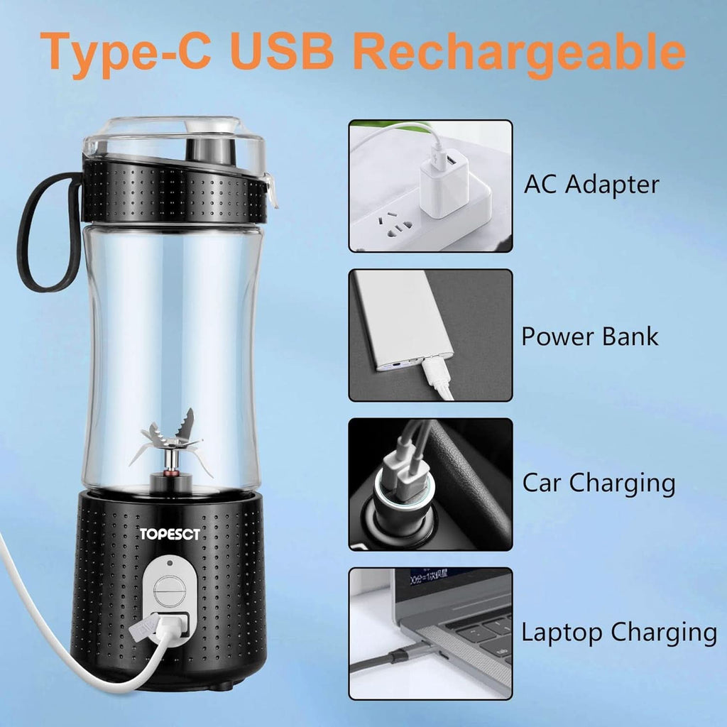 Topesct Tragbarer Mixer, Smoothie Maker to Go– Mobiler Standmixer/Elektrischer Mini Saftmixer Sechs Klingenin 3D-Anordnung Für Hervorragendes Mixen,13Oz USB Wiederaufladbarer Juicer (Schwarz) Bucatarie Naty Shop