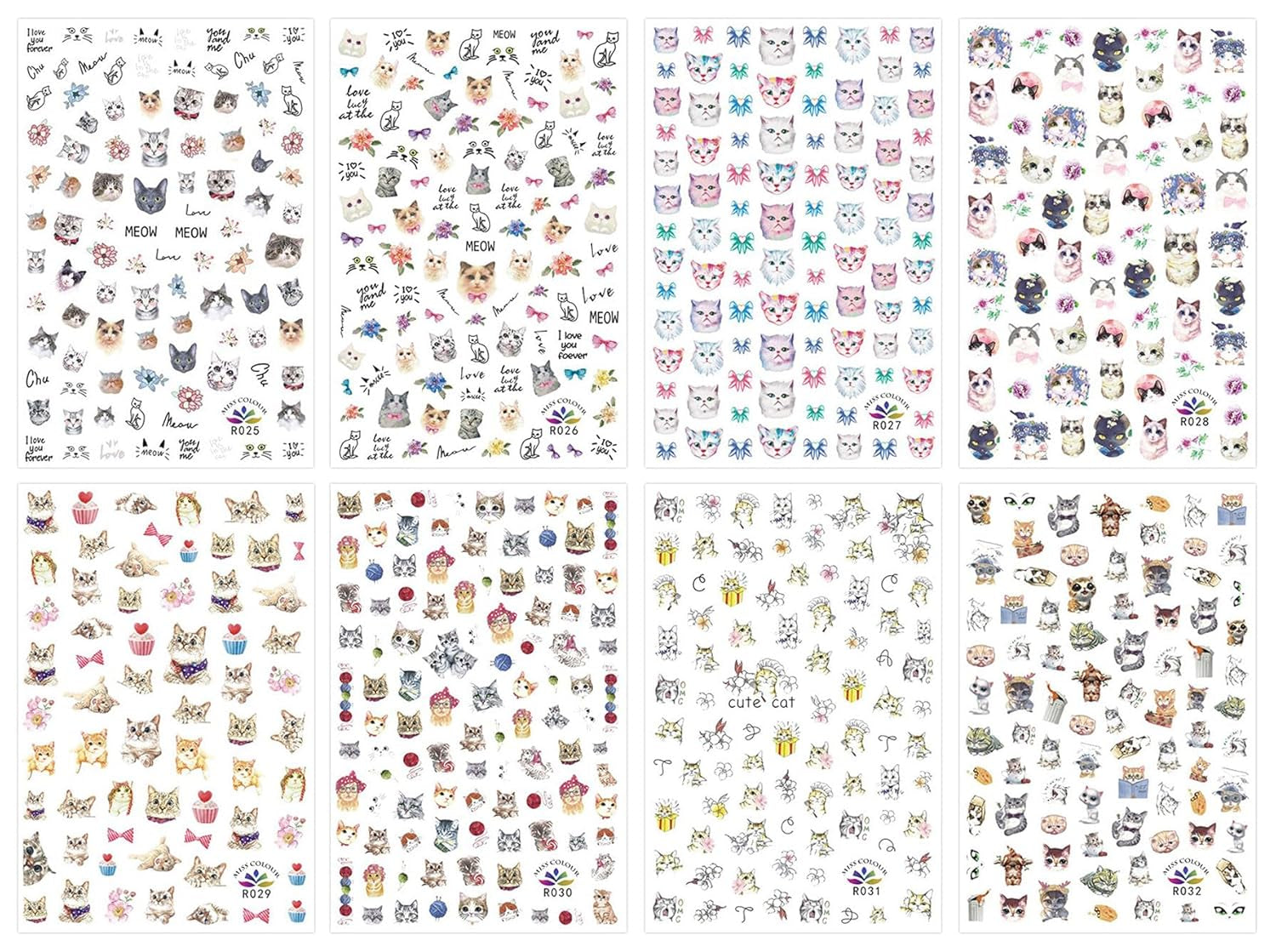 JMEOWIO Nagelsticker Tierische 8 Blatt Nail Art Sticker Selbstklebend Nagelaufkleber Katze Niedlich Dekoration Nageldesign Zubehör