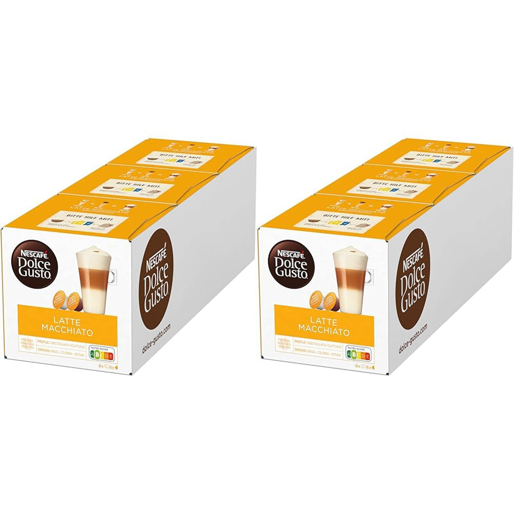 NESCAFÉ Dolce Gusto Latte Macchiato, 48 Kaffeekapseln, Aromatischer Espresso, 3-Schichten -Köstlichkeit aus feinem Milchschaum, Aromaversiegelte Kapseln, 6er Pack (3x16 Kapseln)