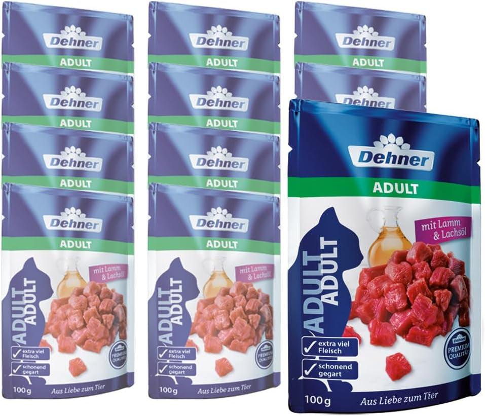 Dehner Premium Cat Food Sensitive Multipack, Hrană umedă, Pentru pisici sensibile din punct de vedere nutrițional, 4 X pui / vită / curcan fiecare, 12 X pungi de 100 G (1,2 kg)