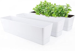 Set de 3 ghivece dreptunghiulare (40,6 × 9,7 cm) cu farfurioare – ghivece albe din plastic pentru ierburi, flori, legume – pentru balcon, grădină, pervaz, interior și exterior