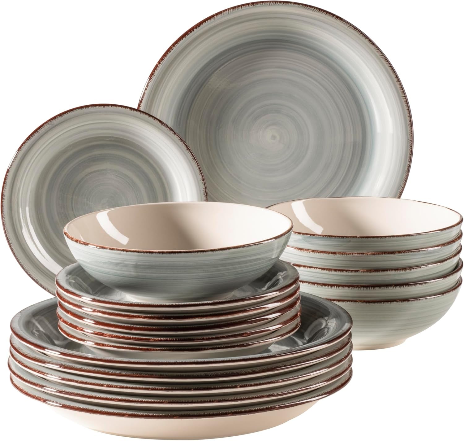 MÄSER 931875 Bel Tempo II, Set de veselă pentru 6 persoane cu aspect vintage modern, Serviciu de masă cu 18 piese, Veselă ceramică pictată manual, Gresie, Albastru fumuriu