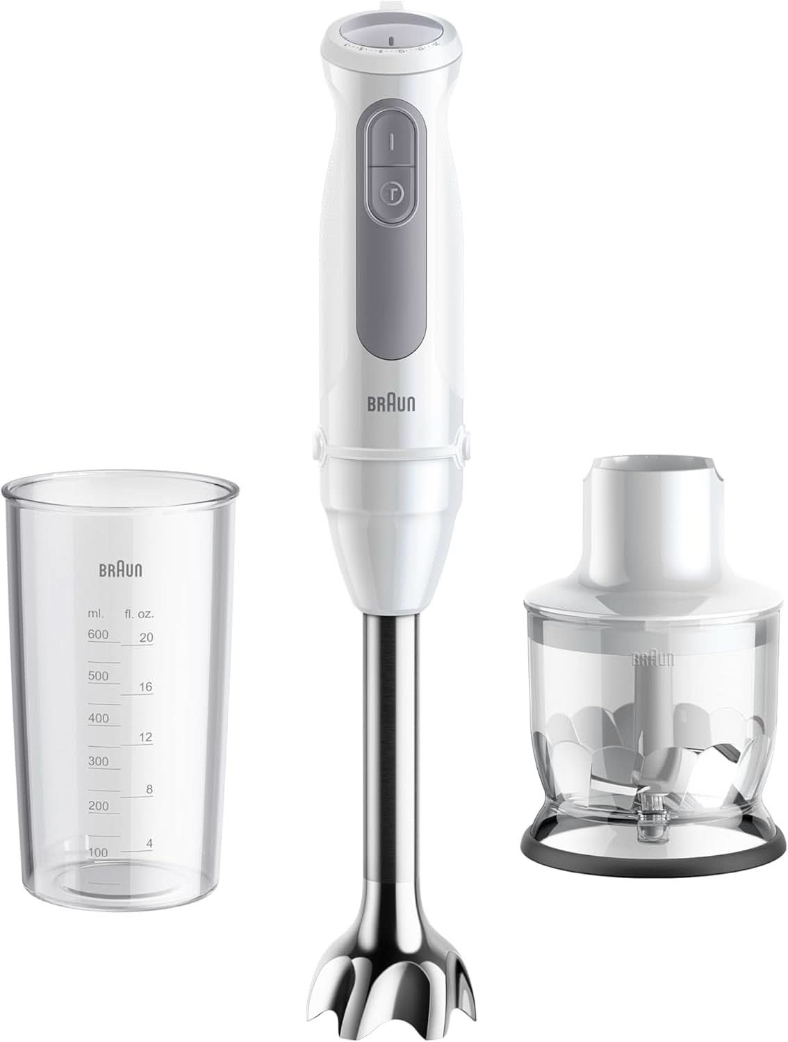 Braun Stabmixer MQ 5200WH - Multiquick 5 Vario Pürierstab Mit Edelstahl Mixfuß, 1000 Watt, Inkl. 600 ml Mix- & Messbecher, Weiß/Grau Kitchen Naty Shop 2024-es verzió - Edelstahlschaft