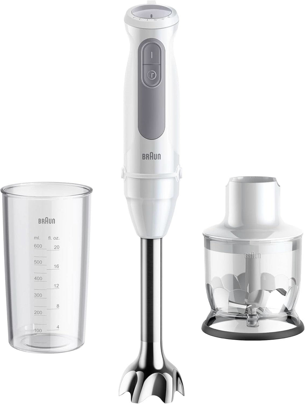 Braun Stabmixer MQ 5200WH - Multiquick 5 Vario Pürierstab Mit Edelstahl Mixfuß, 1000 Watt, Inkl. 600 ml Mix- & Messbecher, Weiß/Grau Kitchen Naty Shop 2024-es verzió - Edelstahlschaft
