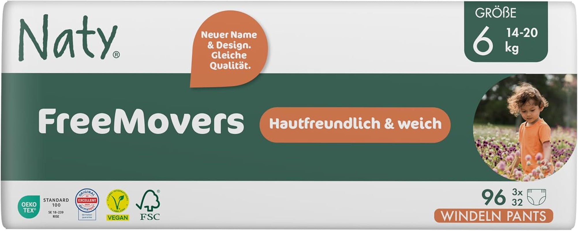 Naty FreeMovers babapelenkák | Tanúsított bőrbarát pelenkahuzatok | Lágy és illatmentes | Nedvszívó és szivárgásmentes | Bőrgyógyászatilag tesztelt 5-ös méret (12-18 kg) | 80 darab