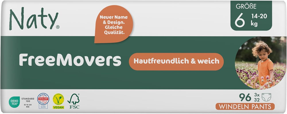 Naty FreeMovers babapelenkák | Tanúsított bőrbarát pelenkahuzatok | Lágy és illatmentes | Nedvszívó és szivárgásmentes | Bőrgyógyászatilag tesztelt 5-ös méret (12-18 kg) | 80 darab