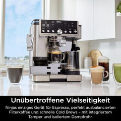 Aparat de cafea Ninja Luxe Pro 3 în 1 cu râșniță și spumator pentru latte, cappuccino, Cold Brew și espresso, ușor de utilizat, 5 presetări pentru spumator, argintiu, ES701EU