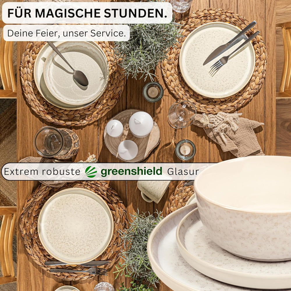 SÄNGER Key West | Set de veselă din gresie, 24 de piese, set de farfurii pentru 6 persoane, 6 farfurii de cină, boluri pentru cereale, farfurii pentru desert, boluri pentru paste, veselă de culoare crem cu textură nisipoasă | COLECȚIA VALUE