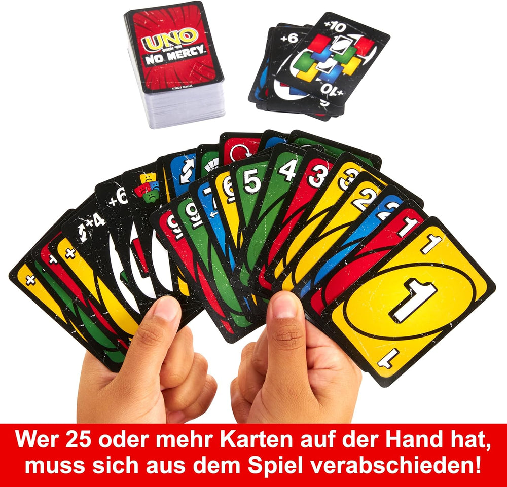 Mattel UNO Show 'em No Mercy – 56 extra kártya, kihívást jelentő akciókártyák és brutális játékszabályok a legkegyetlenebb verzióhoz, halmozási szabály és kézcsere, 7 év feletti korosztály, HWV18