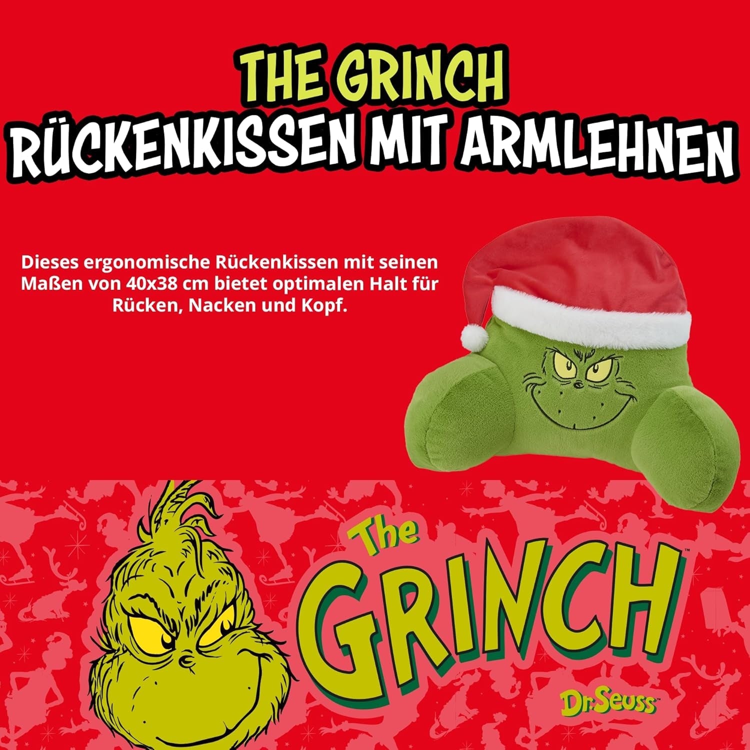 Perna Grinch - Pernă de spate pentru pat și canapea, suport pentru spate cu cotiere, pernă de citit pentru spate, gât și cap, verde, 40 x 38 cm